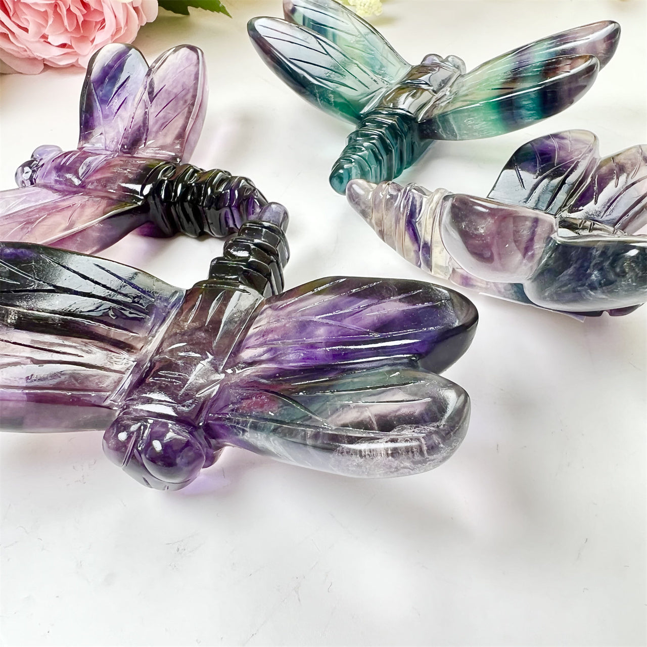 Rainbow Fluorite Dragonfly Carvings