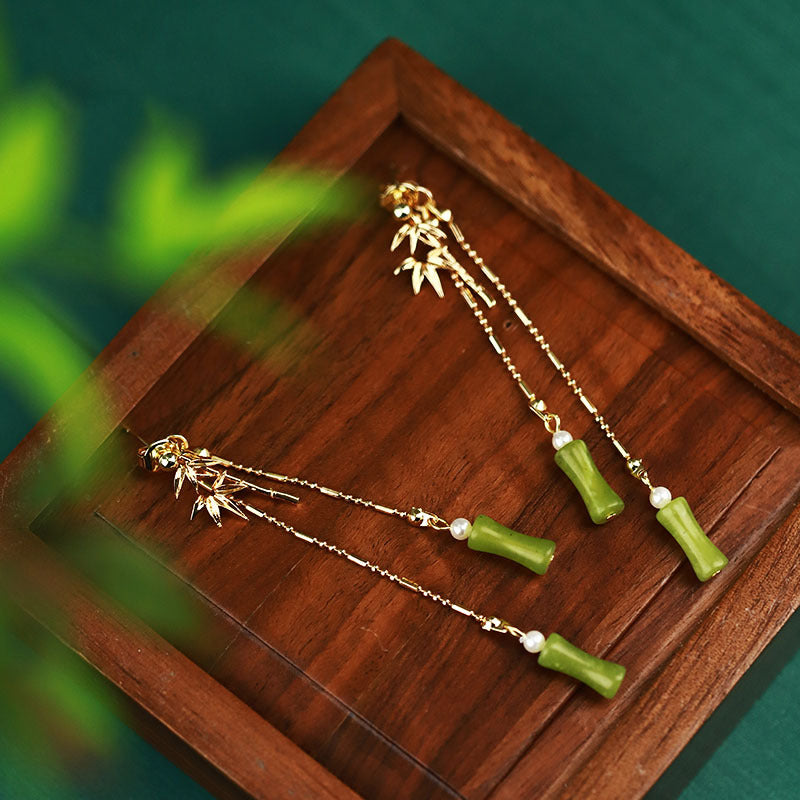 Bamboo Style Hetian Jade Tassel Ethnic Style Earrings