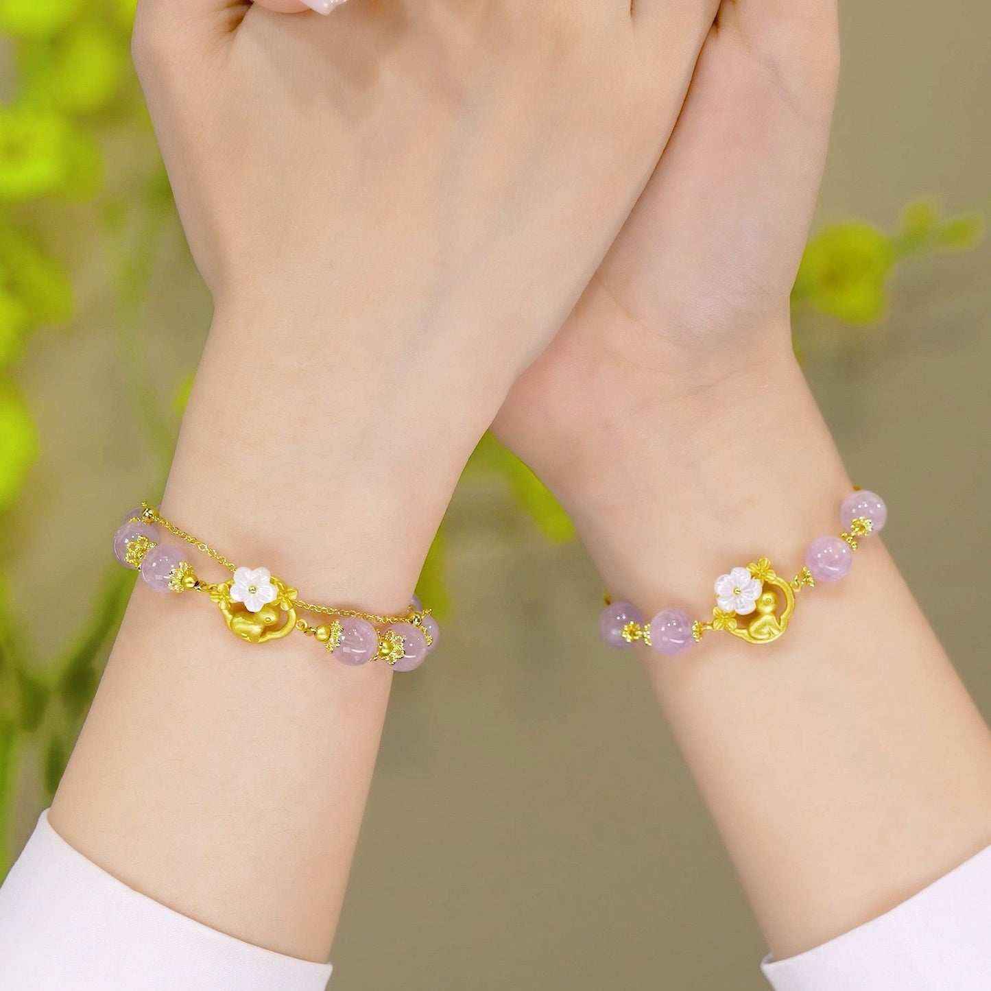 Kunzite Plum Flower and Rabbit 8mm Bead Bracelets