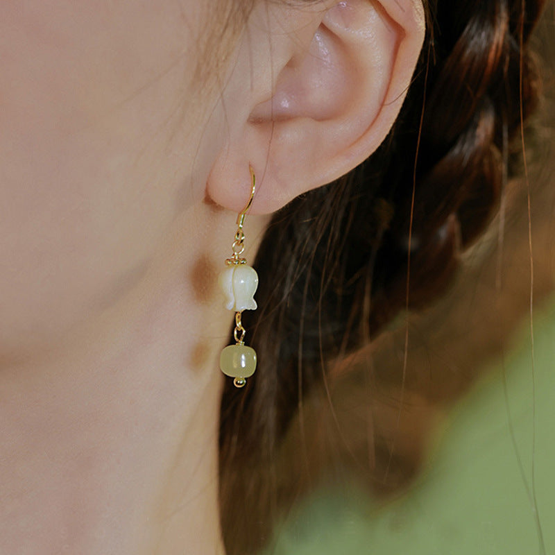 Orchid Flower Hetian Jade Ethnic Style Earrings