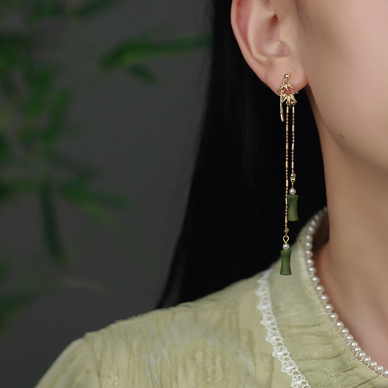 Bamboo Style Hetian Jade Tassel Ethnic Style Earrings