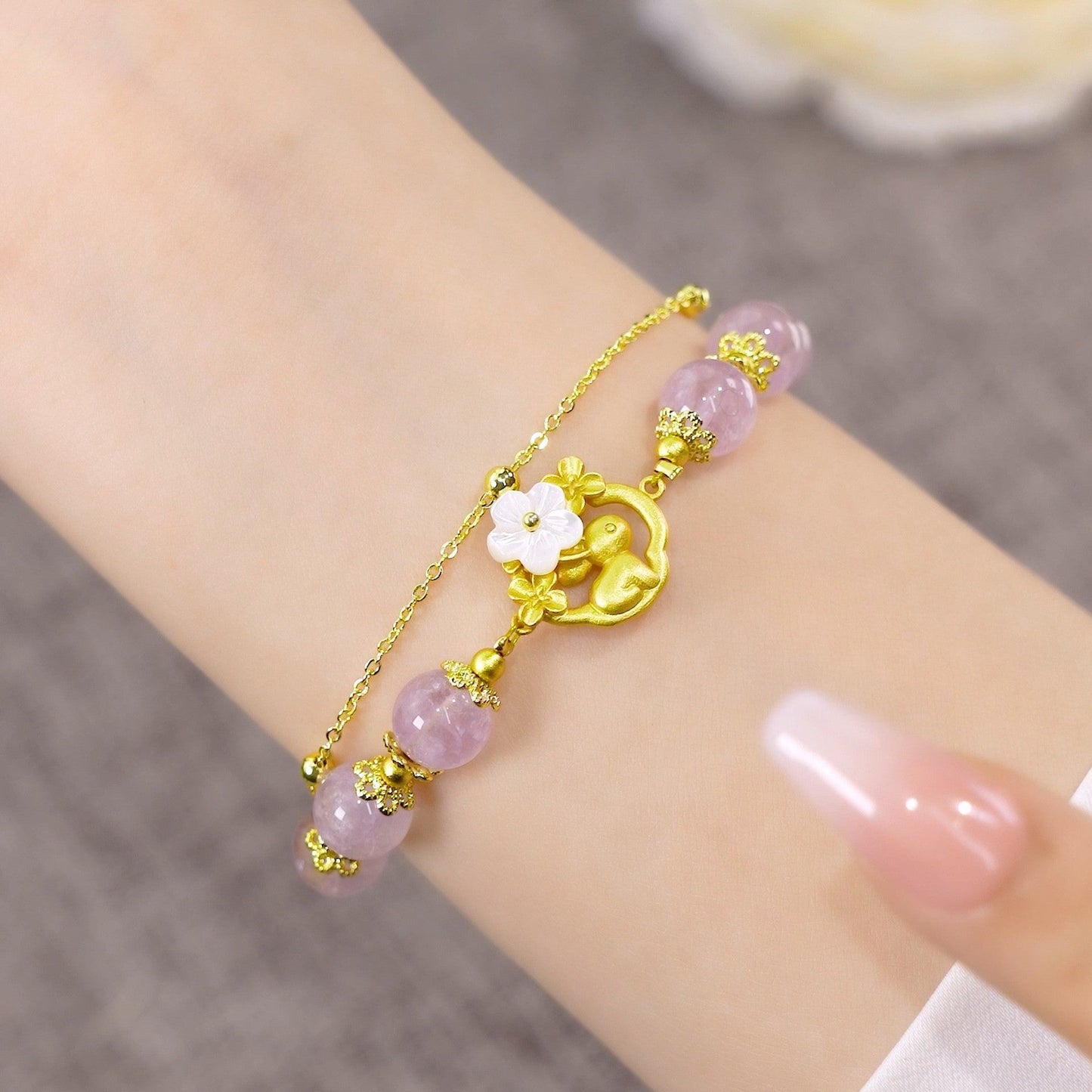 Kunzite Plum Flower and Rabbit 8mm Bead Bracelets