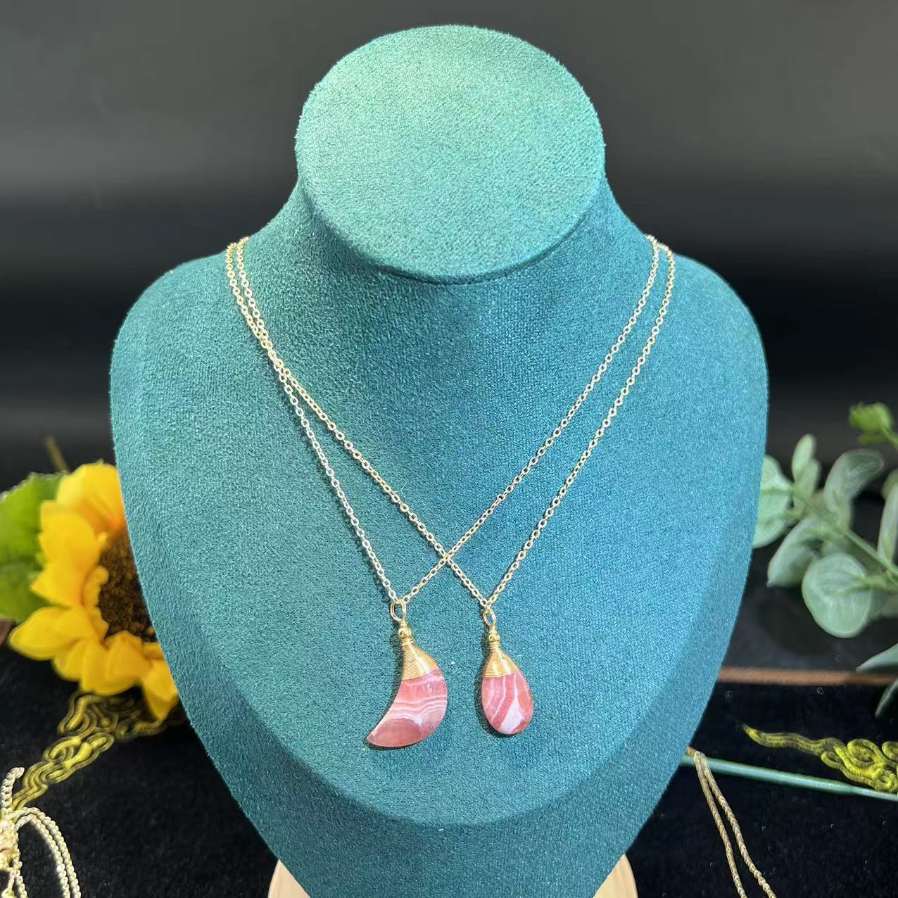 Rhodocrosite Moon and Water Drop Shape Pendants