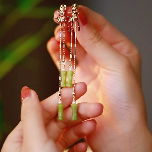Bamboo Style Hetian Jade Tassel Ethnic Style Earrings
